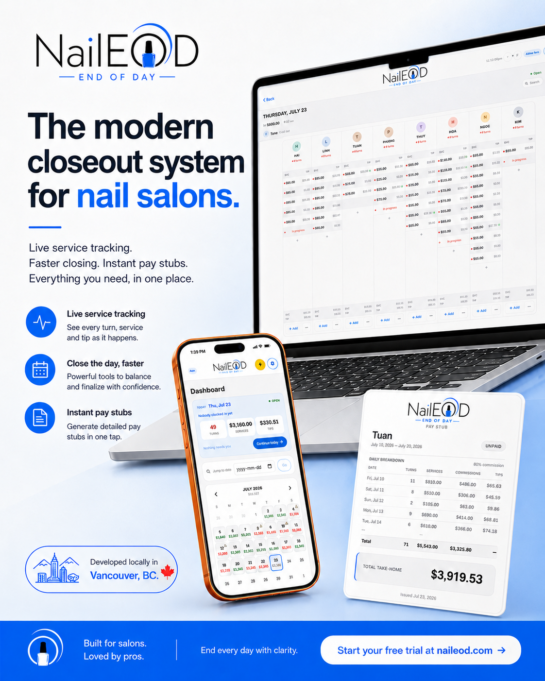 NailEOD product overview — live day sheet, mobile dashboard, and an instant pay stub